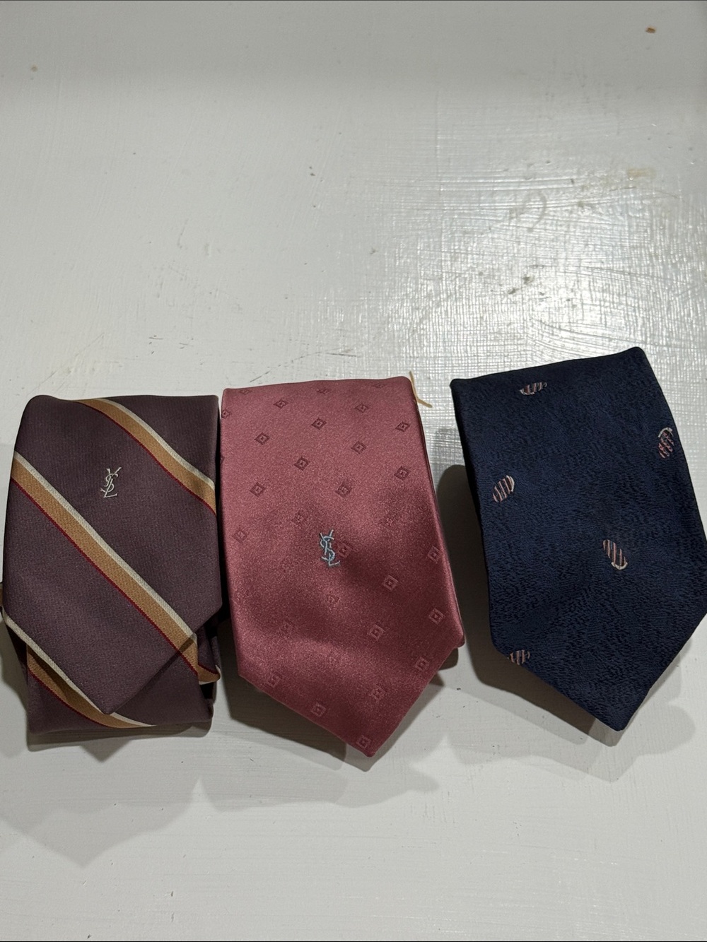 3 Vintage Yves Saint Laurent Neck Ties Navy Rose & Brown with YSL Monogram